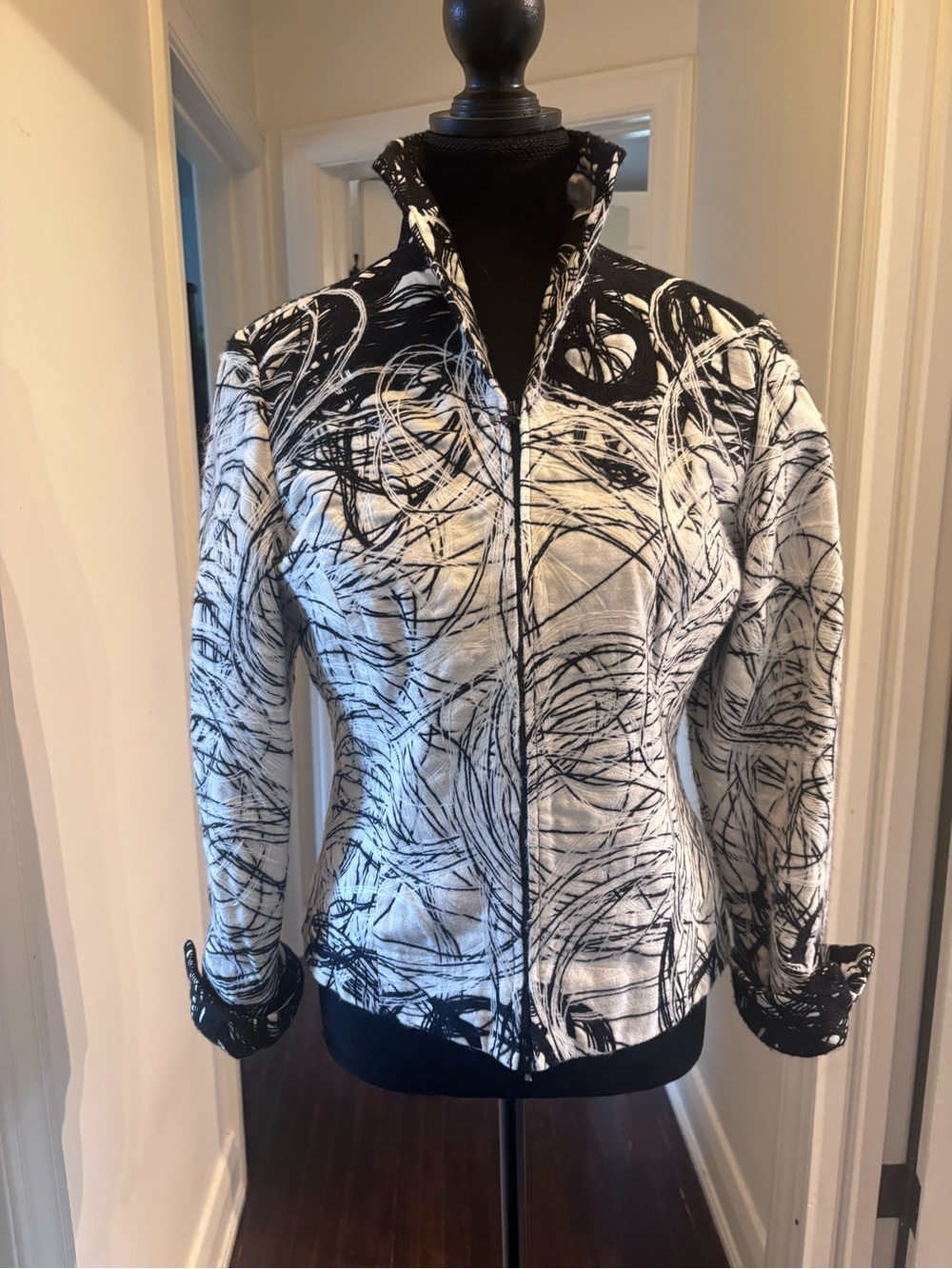 Samuel Dong Black & White Abstract Zip-Front Bomber Jacket